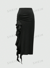 Solid Color Pleated Skirt With Ruffles And Trim Decoration